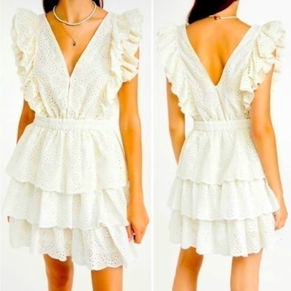 Love THE LABEL Eyelet Ruffle Sleeve Tiered Mini Dress Ecru off white size M